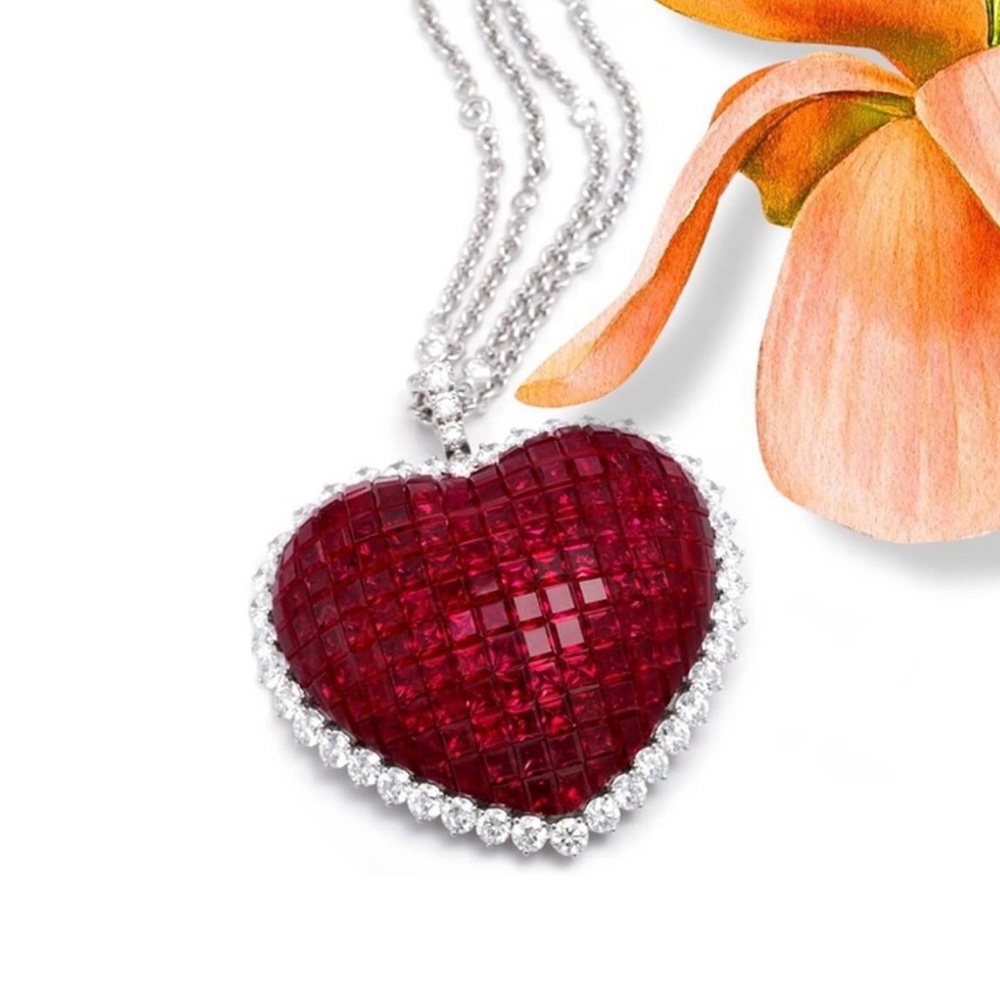 Invisible Setting Emerald Cut Ruby Pendant Necklace